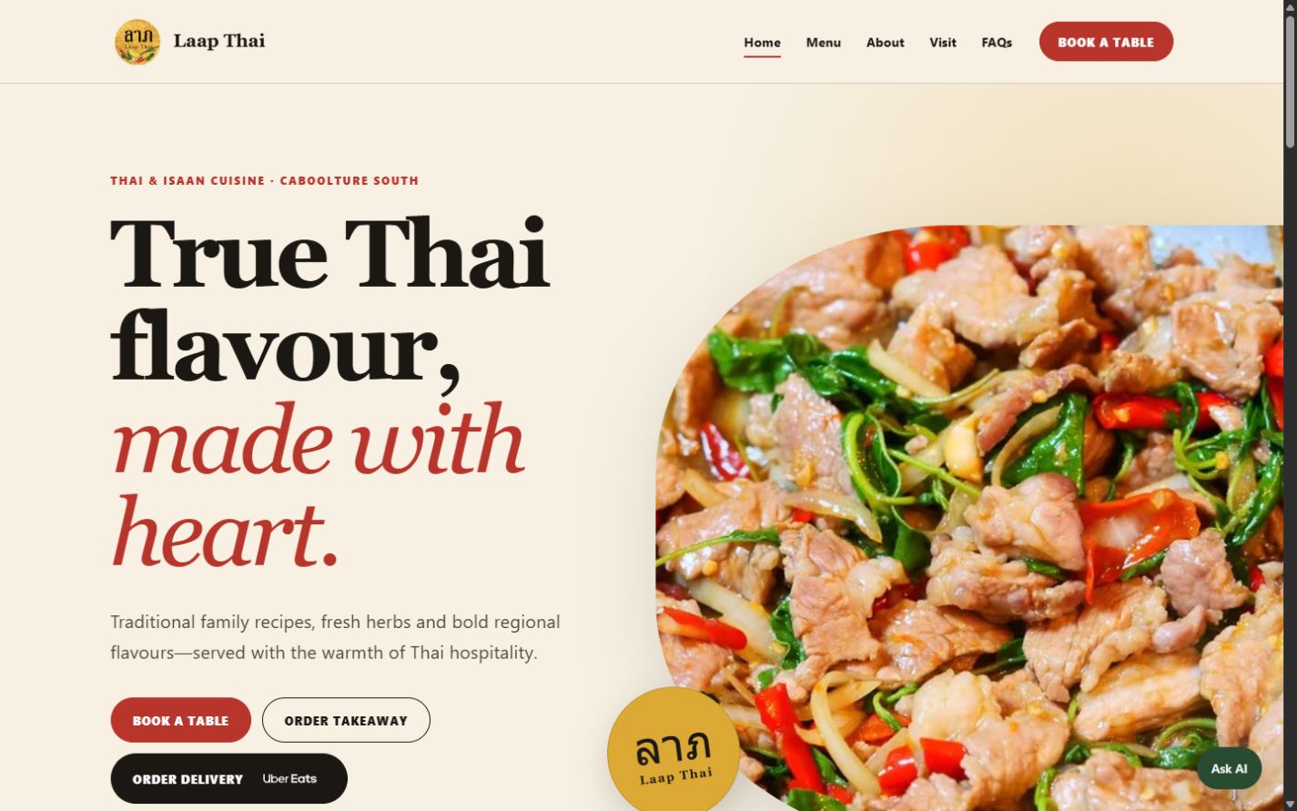 Laap Thai restaurant website shown on desktop and mobile